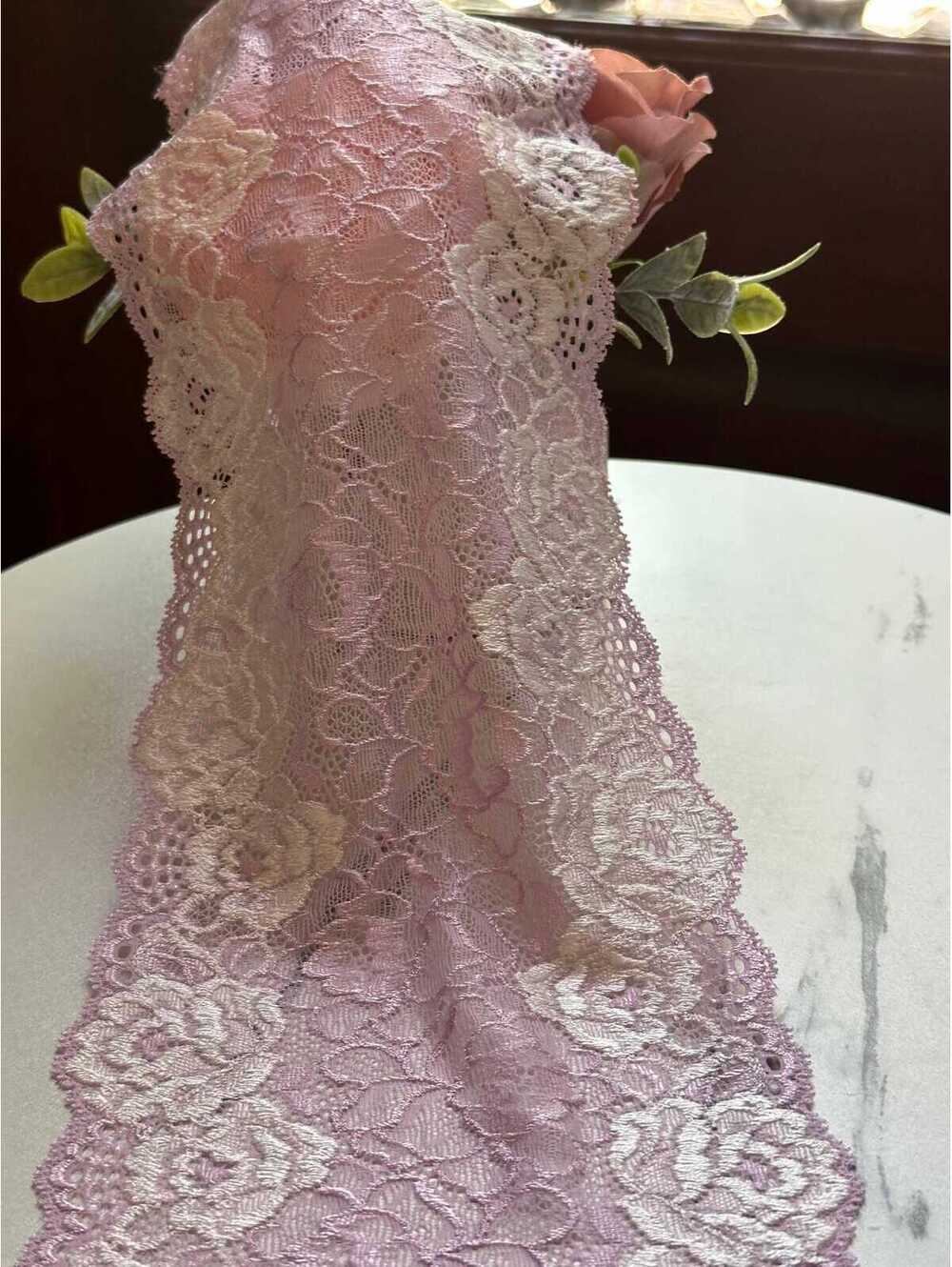 Soft Lavender Pink Two Tone Wide Floral Stretch Lace Trim